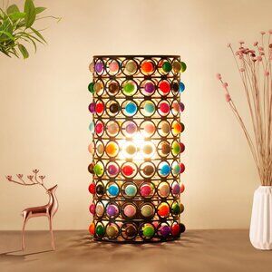 Colorful Boho Hippy Beaded Bedside Table Lamp (Black) with LED Light - Brand New